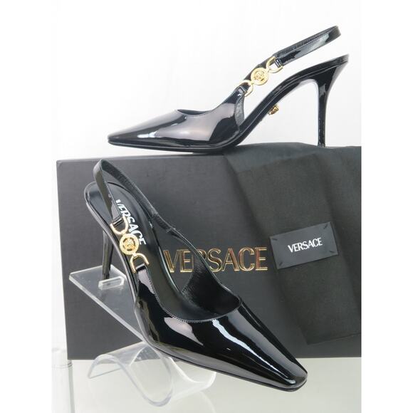 VERSACE BLACK PATENT LEATHER GOLD MEDUSA SANDALS 85 MM HEEL PUMPS 37.5 7.5 ITA - Picture 1 of 12